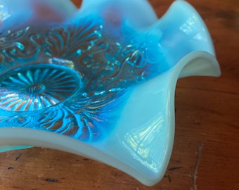 Antique Pearline Opalescent Blue Glass Dish Brides Bowl Victorian Glass Ruffled Edge Colourful Blue Bowl