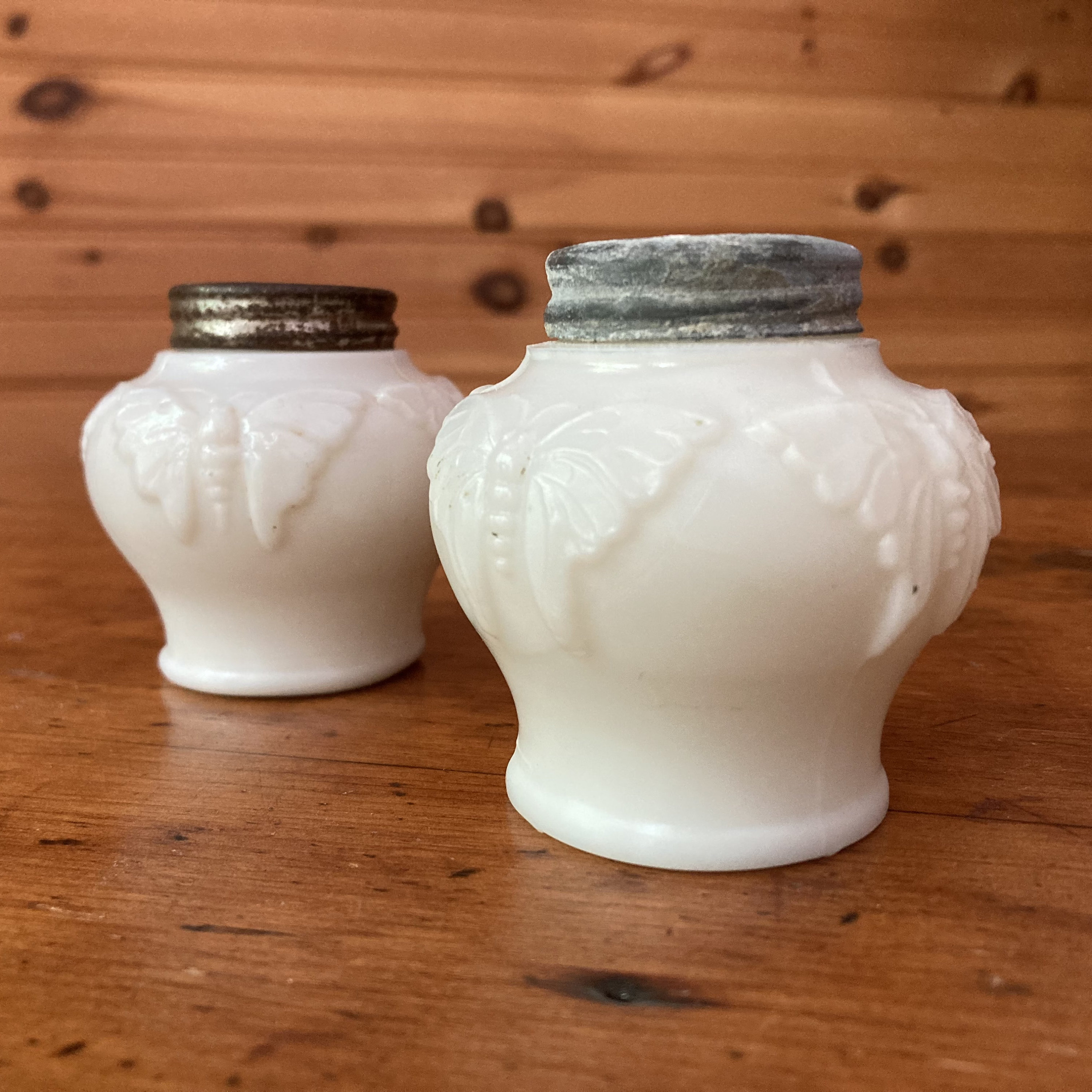 Opalware EAPG Victorian Butterfly Salt and Pepper Set, Eagle Glass & Manufacturing Co., c. 1898-1902 Gift for Gardener Antique Milk Glass