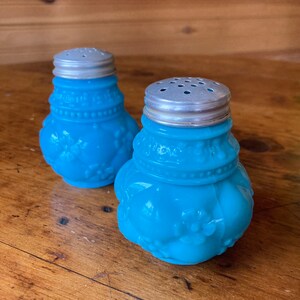 Scarce PAIR EAPG Blue Opaque Quilted Phlox Salt and Pepper Shakers, Northwood Glass Company, c. 1898, Gift for Her Antique Milk Glass
