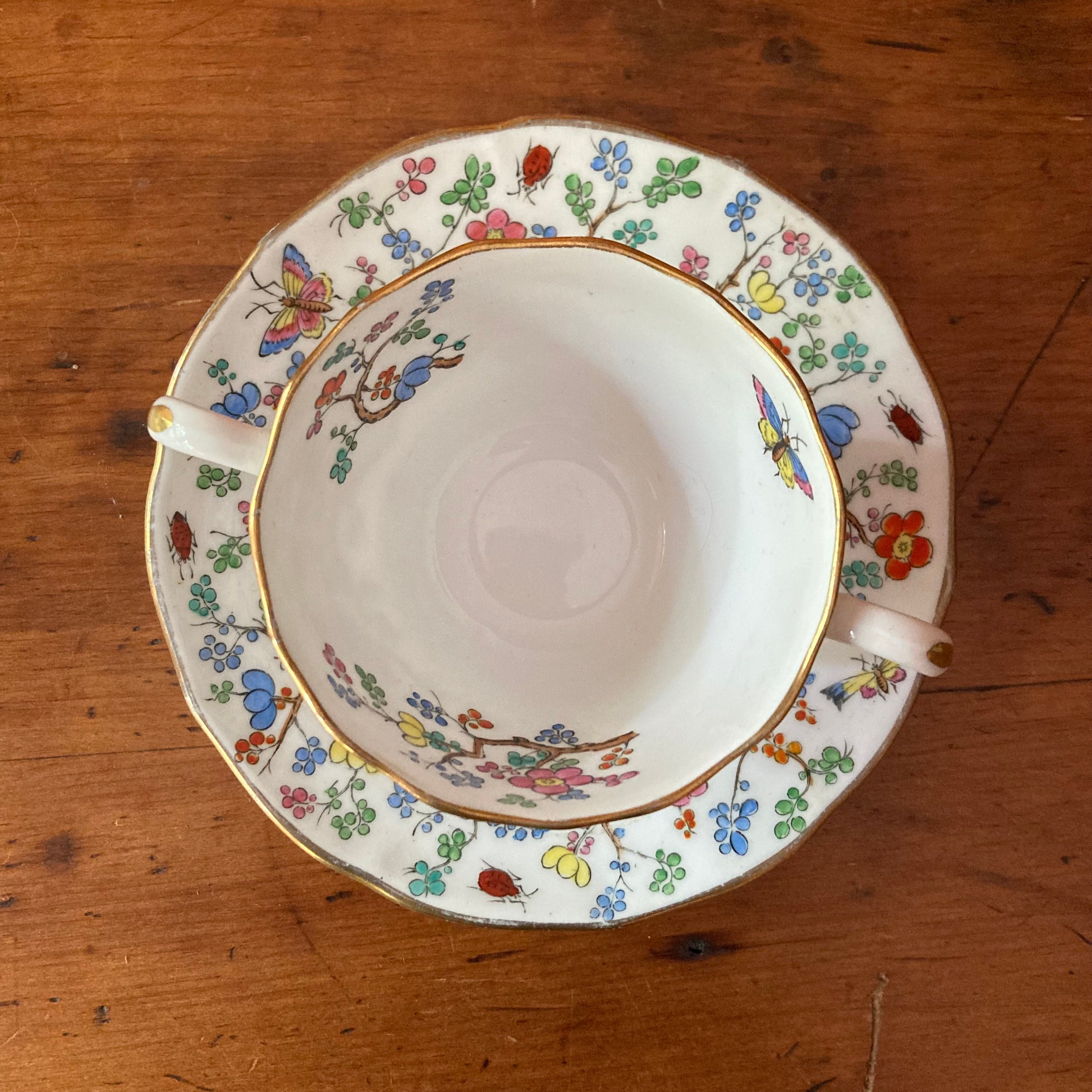 Copeland Spode Shanghai Double Handled Teacup and Saucer Butterflies