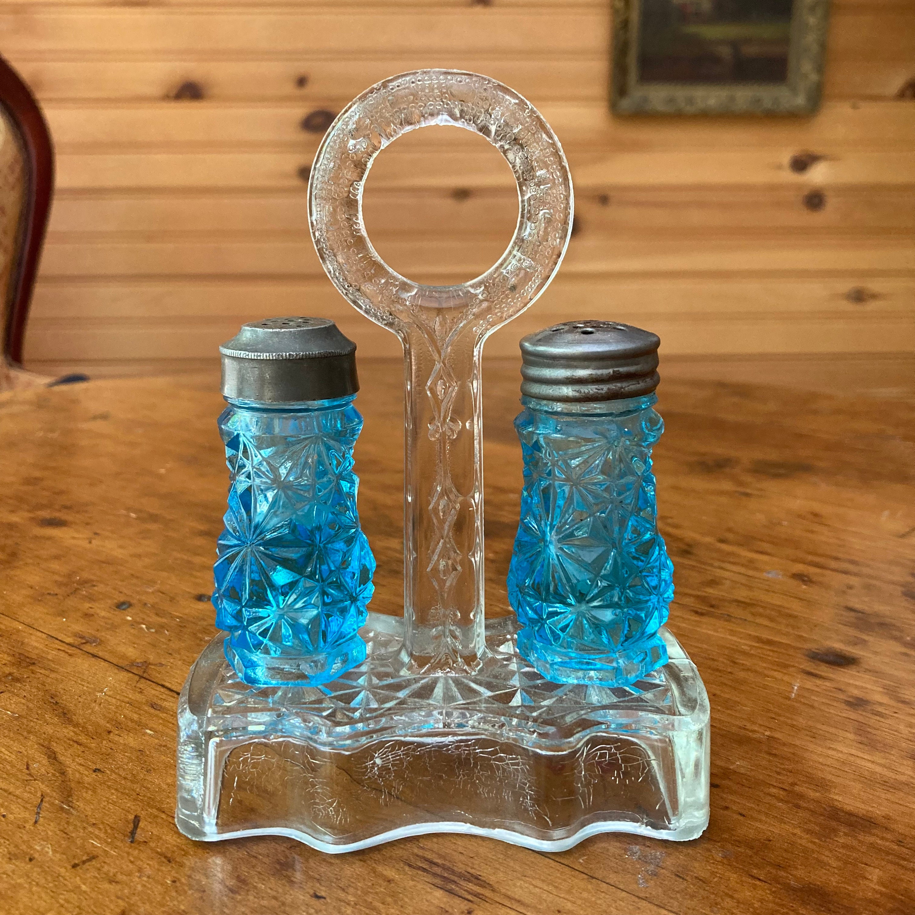 Antique Daisy and Button Slender Blue Glass Salt and Pepper Shaker
