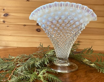 Vintage Opalescent Hobnail Fan Vase 8&quot; Tall Large Fenton Moonstone Duncan & Miller Hobnail Vase