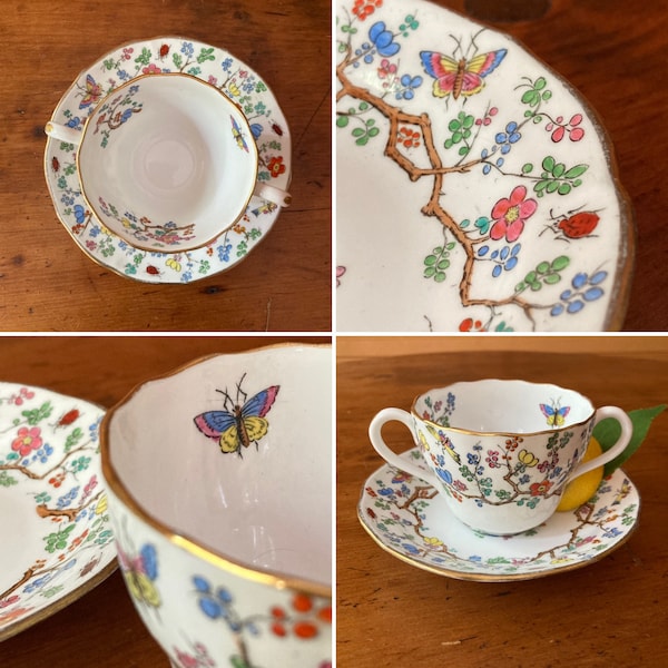 Copeland Spode Shanghai Double Handled Teacup and Saucer Butterflies, Ladybugs Vintage Bone China