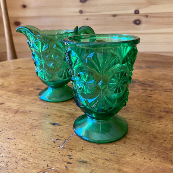Victorian Green Colored Glass Cream and Sugar "Feather Duster" Pattern, Burlington Glassworks c. 1890 Canadian Antique Coloured Glass