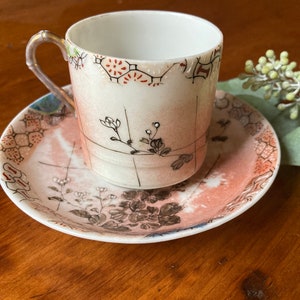 Antique Hand Painted Porcelain Demitasse with Saucer White Chrysanthemum Gold Coral c. 1800s Love Loyalty Meaning of Flowers