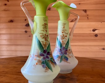 Bristol Glass Pitchers PAIR Antique Hand Blown Hand Painted with Clear Handles Satin Glass Victorian