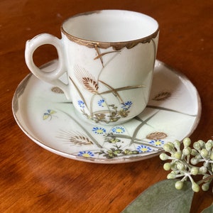 Antique Demitasse Cup and Saucer Butterflies Wheat Gold Trim