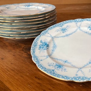 Op de afbeelding: Een stapel van tien witte keramische borden met een blauw en gouden bloemenmotief. De borden hebben een gegolfde rand en een gouden rand.
