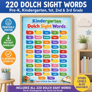Op de afbeelding: Een ingelijste educatieve poster getiteld Kindergarten Dolch Sight Words, met een genummerde lijst van woorden op kleurrijke, afgeronde rechthoekige achtergronden. De poster bevat de tekst Learn & Grow Your Mind en somt 220 Dolch-woorden op voor kleuters en leerlingen van groep 1 tot en met 5.