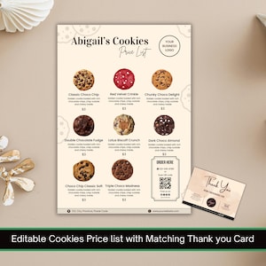 Puede incluir: Una lista de precios de galletas con una tarjeta de agradecimiento a juego. La lista de precios presenta varios tipos de galletas, como Classic Choco Chip y Red Velvet Crinkle. La tarjeta de agradecimiento tiene un diseño sencillo con las palabras "Thank You".