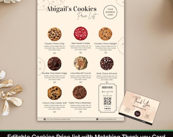 May include: A cookies price list with a matching thank you card. The price list features various cookie types, including Classic Choco Chip and Red Velvet Crinkle. The thank you card has a simple design with the words "Thank You".