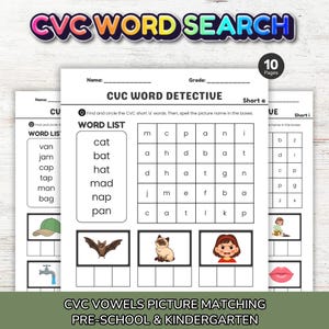 CVC Vowels Printable Word Search Puzzle Worksheets - CVC Picture Matching - Preschool and Kindergarten Phonics Worksheets