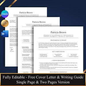 Może przedstawiać: Profesjonalny szablon CV z nazwiskiem "Patricia Brown" na górze. CV jest wyświetlane w wersji jedno- i dwustronicowej, z listem motywacyjnym i przewodnikiem pisania. Projekt jest przyjazny dla ATS i w pełni edytowalny.