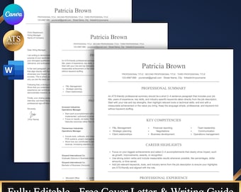 Könnte beinhalten: Professionelle Lebenslaufvorlage mit dem Namen "Patricia Brown" oben. Der Lebenslauf wird in einer ein- und zweiseitigen Version mit Anschreiben und Schreibanleitung angezeigt. Das Design ist ATS-freundlich und vollständig editierbar.