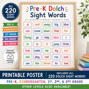 May include: A framed educational poster titled Pre-K Dolch Sight Words, featuring a grid of common words in various colours. The poster includes a list of words such as a, and, away, big, blue, can, come, down, find, for, funny, go, help, here, i, in, is, it, jump, little, look, make, me, my, not, one, play, red, run, said, see, the, three, to, and two.