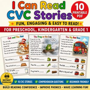 Könnte beinhalten: Ein Set aus 10 druckbaren PDF-CVC-Geschichten für Vorschule, Kindergarten und die erste Klasse. Das Lehrmaterial enthält farbenfrohe Illustrationen, Lesetexte und Lückentexte mit Themen wie einer Katze, einem Frosch und einem roten Bus.
