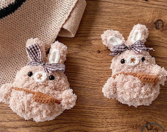 Bunny AirPods Case Plush Fuzzy Rabbit Earbud Cover with Gingham Bow for AirPods 1 2 3 and Pro Cute Kawaii Gift for Bunny Lover Soft