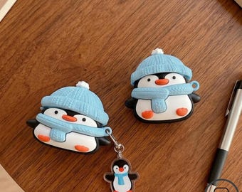 Cute Penguin AirPods Case 3D Cartoon Winter Penguin Silicone Cover with Charm Keychain Kawaii Earbud Case Shockproof Gift for Penguin Lover