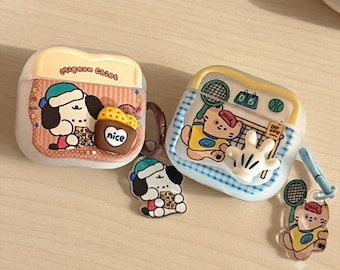 Retro Cartoon Puppy AirPods Case Frosted Cute Dog and Tennis Cat Earbud Cover with Charm Keychain Kawaii Pet Lover Gift Shockproof Silicone