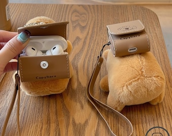 Capybara AirPods Case Cute Plush Capybara Earbud Pouch with Wrist Strap Kawaii Animal Cover Shockproof Protective Gift for Capybara Lover