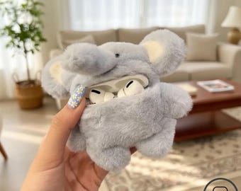 Funda de peluche con forma de elefante para auriculares, soporte para AirPods, funda suave con forma de animal para auriculares inalámbricos, accesorio tecnológico, regalo para niños y adultos (versión coreana)