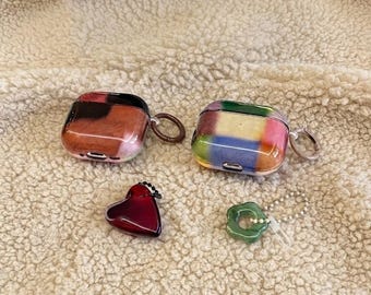 Retro Color Block AirPods Case Glossy Brown Marble Patchwork Cover with Resin Charm Vintage Aesthetic Earbud Case Trendy Fall Tech Gift
