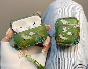 Funda para AirPods con dije de borla y diseño de grulla verde, funda protectora de silicona para estuche de carga, regalo para ella, accesorio de inspiración asiática