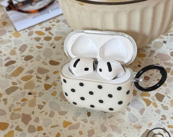 Polka Dot AirPods Case Black and White Minimalist Earbud Cover with Keychain Ring Monochrome Preppy Aesthetic Case Cute Simple Tech Gift