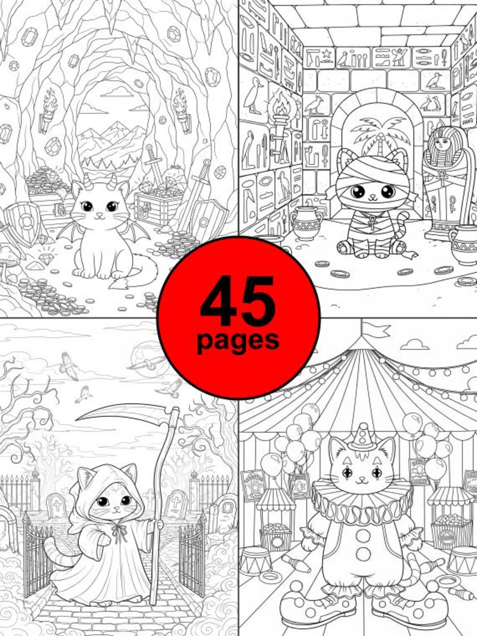 Kawaii Coloring Pages: Spooky Cats, Printable PDF Activity for Kids & Teens