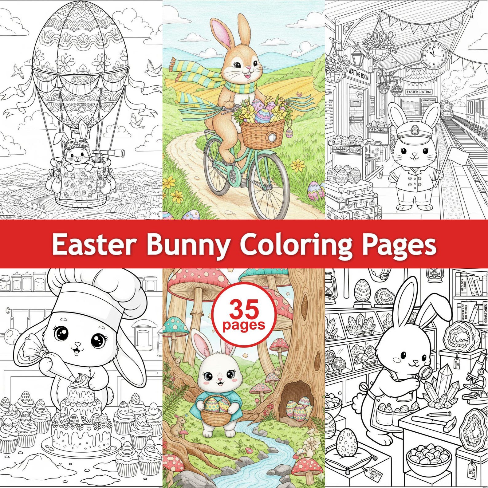 Easter Bunny Coloring Pages PDF - 35 Printable Spring Coloring Book for Adults Kids - Kawaii Cute Easter Egg Hunt Activity Sheets