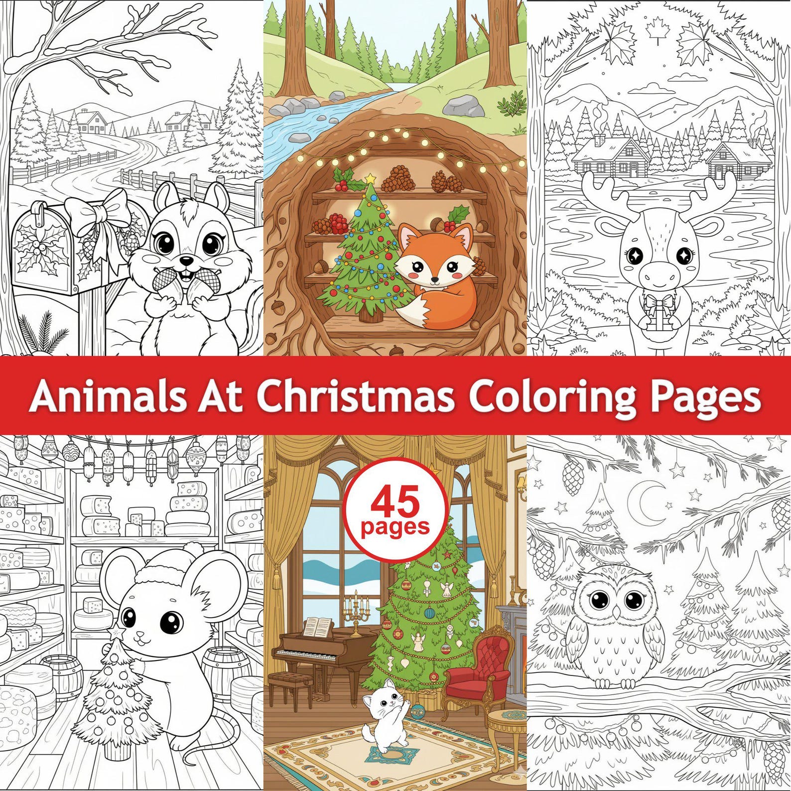 Christmas Coloring Pages: Kawaii Cute Animals Book, Printable PDF Instant Download Holiday Activity