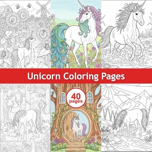 Könnte beinhalten: Eine Sammlung von Einhorn-Malvorlagen. Die Seiten zeigen detaillierte Illustrationen von Einhörnern in verschiedenen Umgebungen, darunter Blumenfelder, Wälder und in der Nähe von Wasser. Der Text "Unicorn Coloring Pages" wird auf einem roten Banner angezeigt, und die Seiten werden mit 40 Seiten beworben.