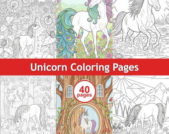 Dibujos de unicornios para colorear / Libro para colorear imprimible en PDF / Linda actividad de fantasía para niños y niñas