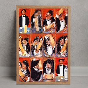 Pode incluir: Uma obra de arte emoldurada com uma série de pinturas estilizadas de um barman de smoking. A obra de arte tem uma moldura de madeira e um fundo vermelho e laranja. Uma garrafa de vodka Absolut é visível em uma das pinturas.