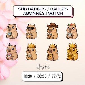 May include: Eight cartoon capybara illustrations with boba tea, each wearing different accessories. Text at the top reads "SUB BADGES / BADGES ABONNÉS TWITCH". The image includes sizes 18x18, 36x36, and 72x72. The artist's signature is also present.