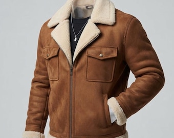 Lammfelljacke aus echtem Leder für Herren - Winter Aviator Bikermantel
