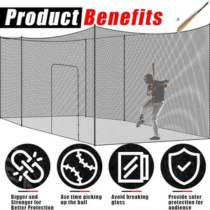 Könnte beinhalten: Ein schwarzer Baseball-Schlagkäfig mit einem Schlagmann in Aktion. Der Käfig ist von einem Netz umschlossen. Das Bild enthält den Text "Product Benefits". Darunter befinden sich Symbole mit Text: "Bigger and Stronger for Better Protection", "Ave time picking up the ball", "Avoid breaking glass" und "Provide safer protection for audience".