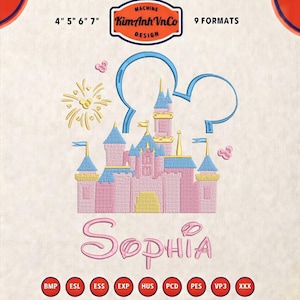 May include: An embroidered design featuring a pink castle with blue turrets, a Mickey Mouse head outline, and the name "Sophia" in cursive. The design includes gold fireworks and the text "Kim Anh VnCo Design". Available in 9 formats.