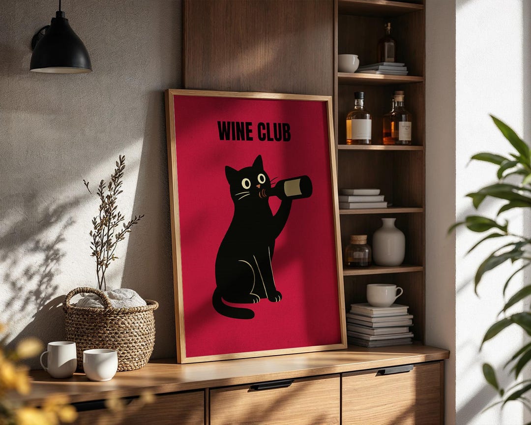 Black Cat Wine Club Poster | Quirky Cat Wall Art | Modern Pink Wine ...
