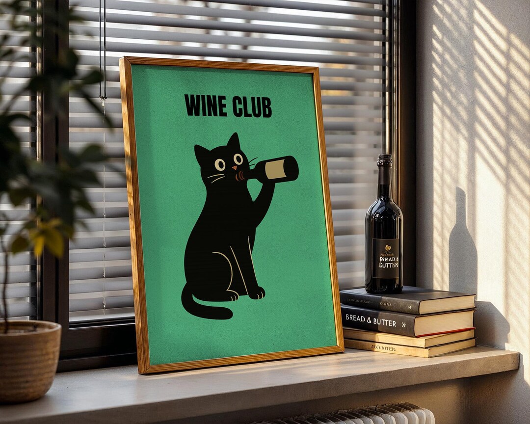 Funny Black Cat Wine Art Print | Pink Cat Wall Art for Kitchen or Bar ...