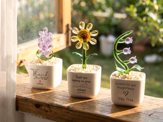 Glass Plant Pot, Personalized Name Mini Glass Flower Cactus Ornament, End Of School Term Gift, Teacher Appreciation, Back to School