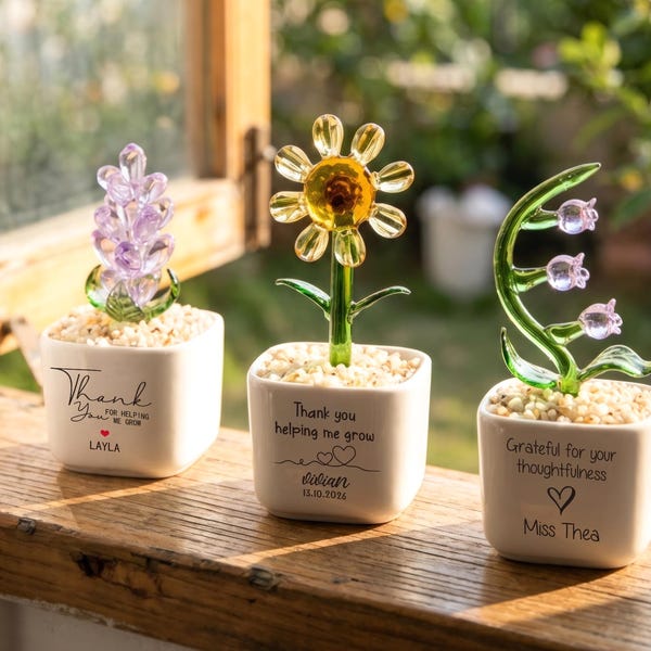 Glass Plant Pot, Personalized Name Mini Glass Flower Cactus Ornament, End Of School Term Gift, Teacher Appreciation, Back to School