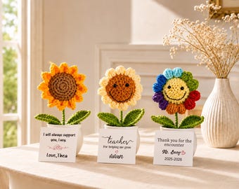 Personalized Crochet Sunflower Teacher Gift, Handmade Thank You Flower, End of Year Teacher Appreciation Gift, Classroom Desk Decor
