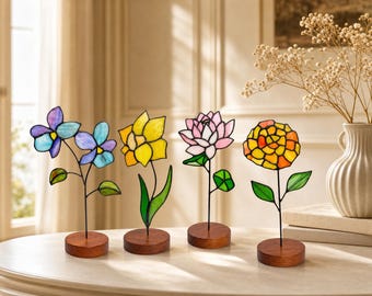 Birth Month Flower, Stained Glass Flower on Wooden Stand, Birthday Gift for Her, Custom Gift for Mom, Tabletop Floral Decor