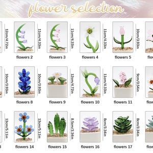 May include: A collection of eighteen miniature glass flower and succulent figurines in small white pots with sand, labeled flowers 1 through 18. Each item displays height measurements ranging from 3.34 inches to 5.11 inches next to the glass plant.