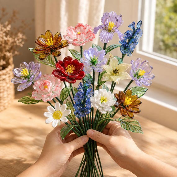 Custom Birth Month Glass Flower Bouquet, Family Keepsake Gift with Optional Vase