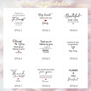 May include: A grid of nine distinct black and white text-based design templates labeled Style 1 through Style 9. Each template features unique typography, phrases like 'Thank you for the beautiful flowers' or 'My heart blooms for you', and small heart icons.