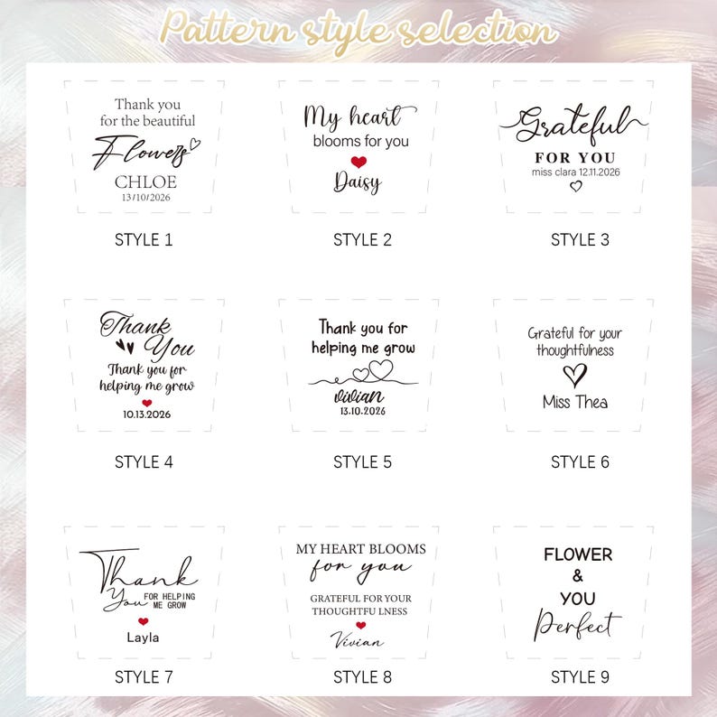 May include: A grid of nine distinct black and white text-based design templates labeled Style 1 through Style 9. Each template features unique typography, phrases like 'Thank you for the beautiful flowers' or 'My heart blooms for you', and small heart icons.