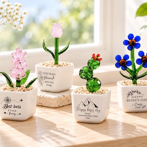 Puede incluir: Cuatro figuras de plantas de vidrio en macetas de cerámica cuadradas blancas rellenas de piedras pequeñas. Las macetas presentan texto y gráficos impresos en negro, incluyendo frases como Best boss EVER, Our team blooms with you y Happy boss's day con el nombre Emily.