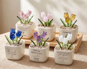 Custom Glass Flower Plant, Personalized Potted Plant, Succulent Cactus Figurine, Thank You for Helping Me Grow, Gift For Mom, Teacher